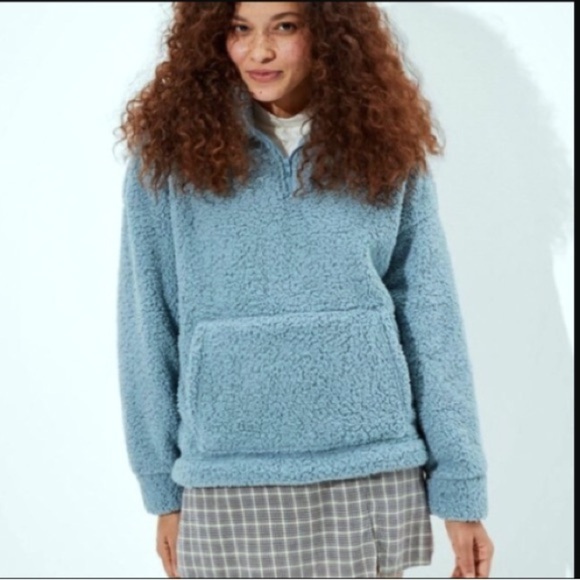American Eagle Sweatshirt Sherpa Fleece 1/4 Zip pullover Blue Size Small Fuzzy - Picture 1 of 11